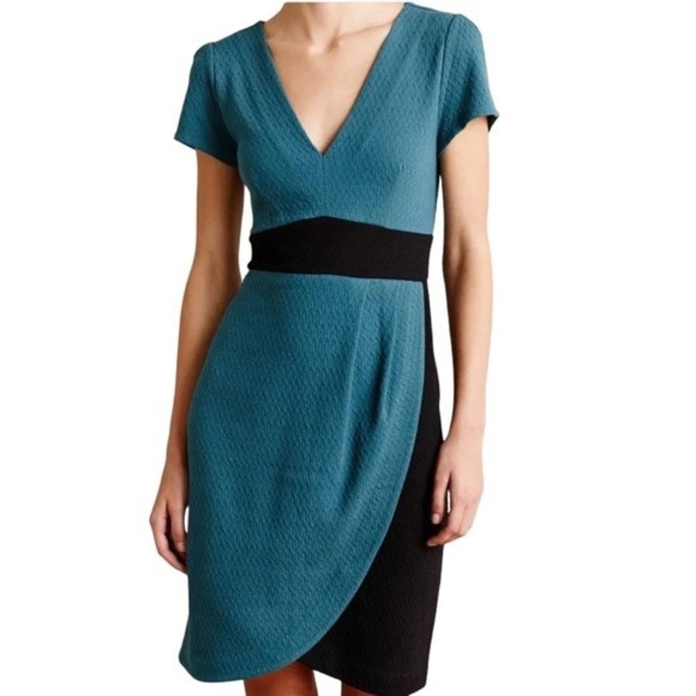 Anthropologie Maeve Splitshade Tulip Hem Dress S Turquoise Black Classic Office